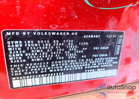 2021 Volkswagen Id.4 Pro S z USA, uszkodzony, nr VIN WVGUNPE26MP062243